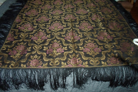 Antique vintage Black Silk Tapestry Shawl Cover Excellent condition 50" x 48" with 9" Fringe Beautiful colors on Both Sides Chic Stunning