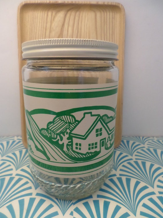Vintage Anchor Hocking 70's Peanut Butter Jar canister green white country home scene