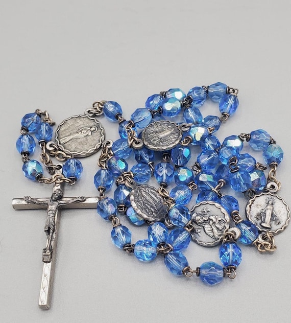 Vintage Our Lady of the Snows Rosary Blue Iridescent Crystal Faceted Beads 23" Lovely