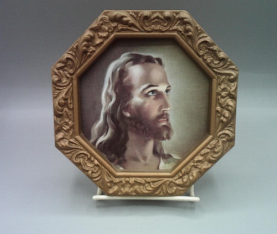 Vintage Sallman Head of Jesus Christ Print 6"Octagon Frame 1960's Adorable