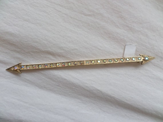 signed Vintage arrow pin double arrow pin borealis rhinestones on gold tone metal costume
