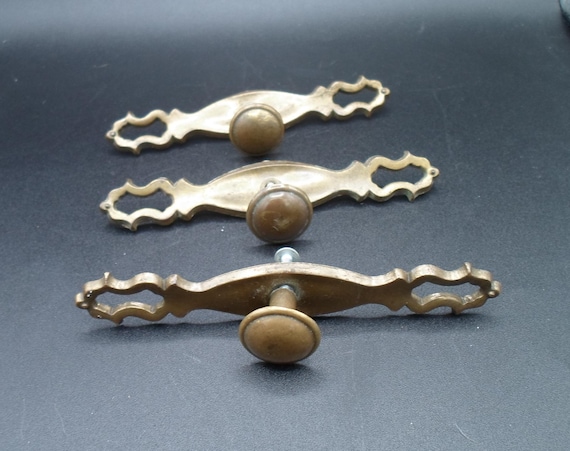Vintage Provincial 3 Door/Drawer Pulls Brass 5"long .50"high Mid Century Era Vertical or Horizontal.