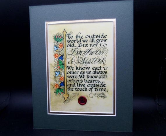 Vintage Kevin Dillion Calligraphy Carla Ortega's Brothers and Sisters Print Unframed Matted 8"x10"