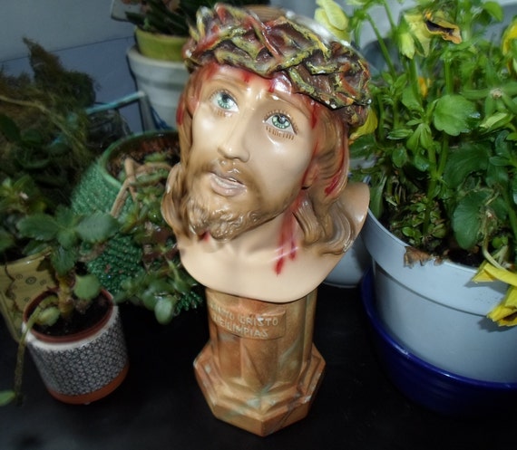 Vintage Bust of Holy Christ of Limpias 11" Holy Christ of Agony as is chips Beautiful Eyes!