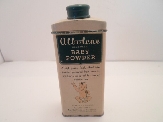Vintage Antique Albolene Baby Powder Tin Full WWII Era Mc Kesson and Robins co New York Conn. Decorate or collect