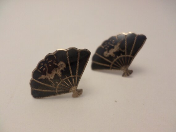 Vintage Siam screwback Fan earrings Sterling Silver Made in Thailand 50's