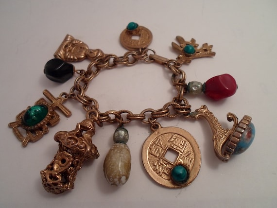 Vintage Art Deco Bracelet Buddha Ancient coin Pagoda Wax Seal Many Cool Cultural Charms Symbols Stones of Ancient Era