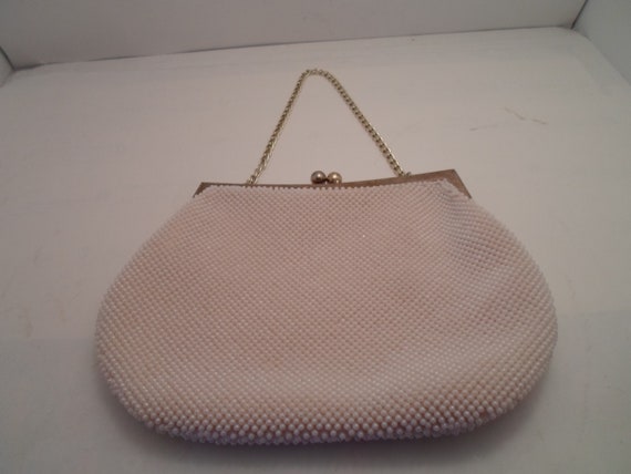 Vintage 1980's Seed Pearl Small Purse Gold Tone Trim and Handle Evening Daytime Appropriate