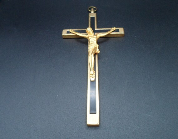 Vintage Brass and Ebonized Wood Crucifix Cross 7.50" x 3.75" Rectory Find in Chicago Beautiful Figure of Christ
