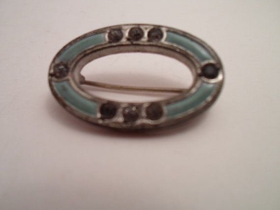 Vintage Enamel Rhinestone Mini Bar Lapel Scarf Pin brooch Dainty Adorable Robin Egg Blue 1" Oval 1950's