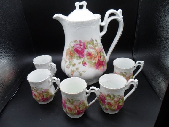 Antique Art Nouveau Chocolate Set Pot and 5 Tall Demitasse Cups Fantastic Handles Beautiful Roses