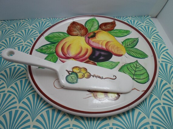 Vintage Ironstone China Galette Cake Plate with Server Hand Painted Pear Plumb Fruit