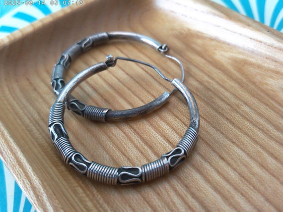 Vintage 90's hoop earrings silver plated from Bali 1 & 1/4" hoop lovely ethnic Balinese