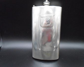 Vintage Sheffield England Evans International  Pewter Hip Flask Large 12oz Halmark Art Deco Wings Crossed Keys Lion 1930's as is