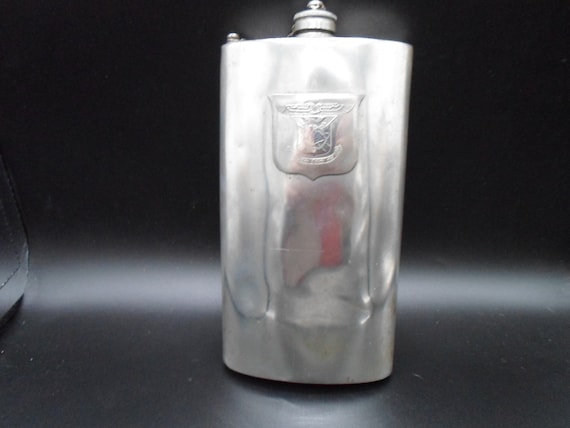 Vintage Flask Sheffield England Evans International Pewter Hip Flask Large 12oz Halmark Art Deco Wings Crossed Keys Lion 1930's as is