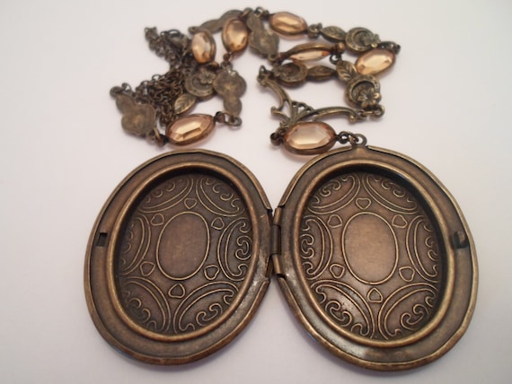Vintage Large Picture Locket with Topaz Gem Studded Long Chain Art Deco Style 1980's