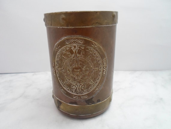 Vintage Copper Plated Mug Brass Handle and Harness with Beautiful Sun God Mayan Design 60's