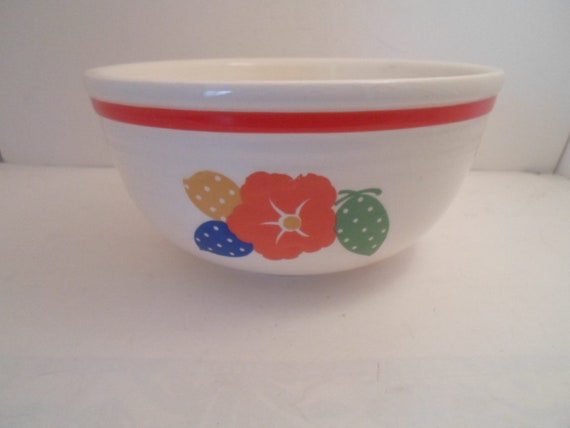 Vintage Art Deco Bowl 8" Ovenware Pottery Adorable Poka Dot Flower and Fruit hand painted