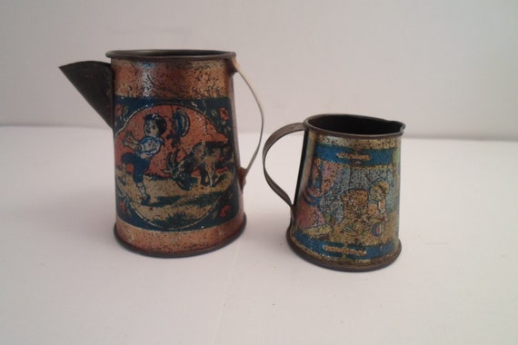 Antique Victorian Ohio Art Tin Litho Children's Coffee Pitcher Pot and Milk Pitcher Nursery Rhyme Series Adorable Farm House stocking