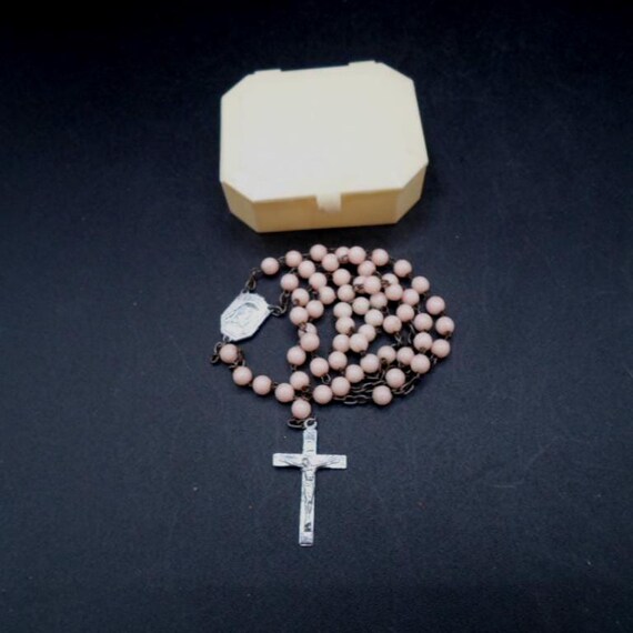 Vintage Catholic Rosary in Original Case 1950's Soft Smokey Pink Beads in Celluloid Case