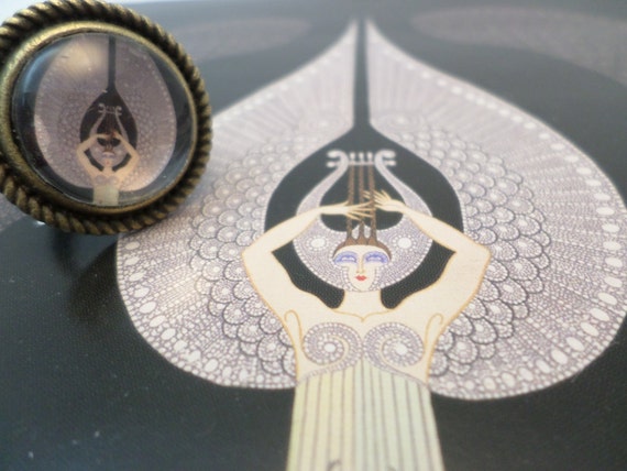 Hand Made Erte' Deco art ANGEL Melody brass ring adjustable romantic unique chic angel playing harp