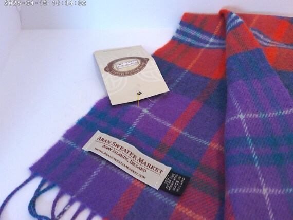 NWT Ireland wool plaid scarf, sunset colors unique coral lilac blue extra fine Merino wool