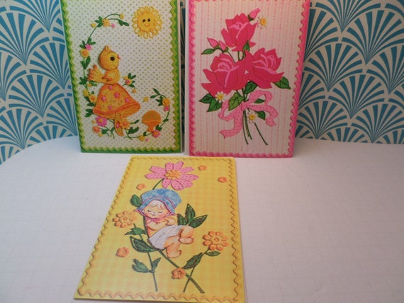 3 never used vintage 70's greeting cards baby birthday love crafty kitsch