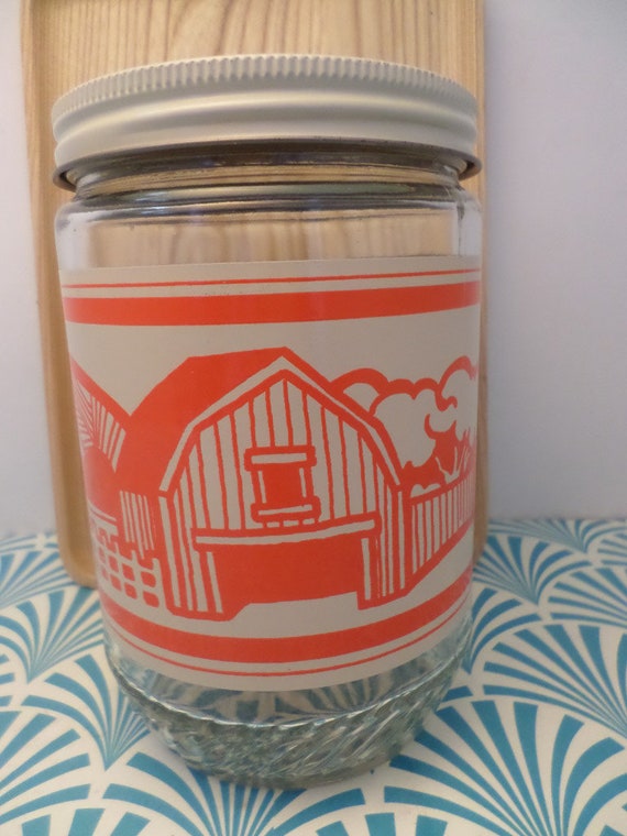 Vintage Anchor Hocking 70's Peanut Butter Jar canister orange white Farm scene