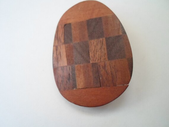 Vintage Inlaid Wood Folk Art Egg Pin Brooch Hand Made Walnut Black Walnut etc.