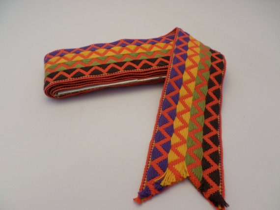 Vintage 2" material strap fabric 66" inch long 1970's vibrant colors geometric zig zag print purple lime poppy brown