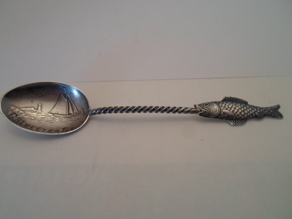 Vintage Sterling Silver Demitasse Souvenir Spoon Fish Twisted Handle Galveston Texas Sailboat Pier
