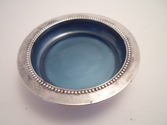 Vintage Antique Silver Plate Cobalt Blue Glass Trinket Dish or Wine Coaster marked W S Blackinion Silver plate 1865