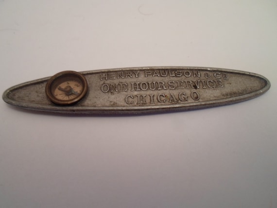 Antique Vintage Advertising Mini tiny Pocket Compass made in Germany Henry Paulson One Hour Service Chicago Adorable Rare Item