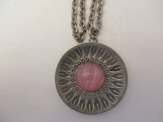 Vintage Jorgen Jensen Pewter necklace & earring set with pink stone