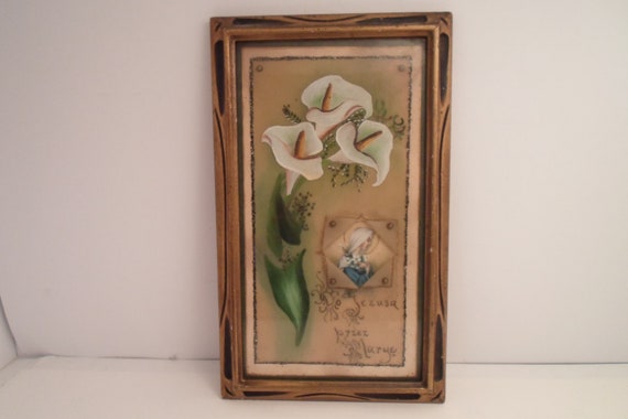 Antique Hand Painted Eastern European Art Polish Czech Paper Quill Hand Written Jesus Mary Cala Lilies Folk Art Detailed