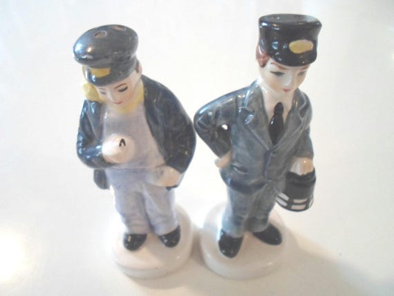 Vintage Railroad Train Salt and Pepper Shakers 4" Engineer and Conductor  Japan Org.Sticker