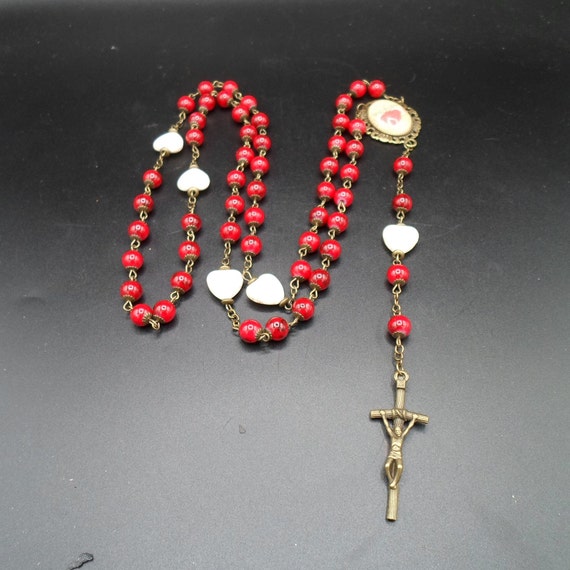 Vintage Rare Spectacular Domed Sacred Heart Rosary Howlite and Blood Red Beads From Spain Bead arrangement is different