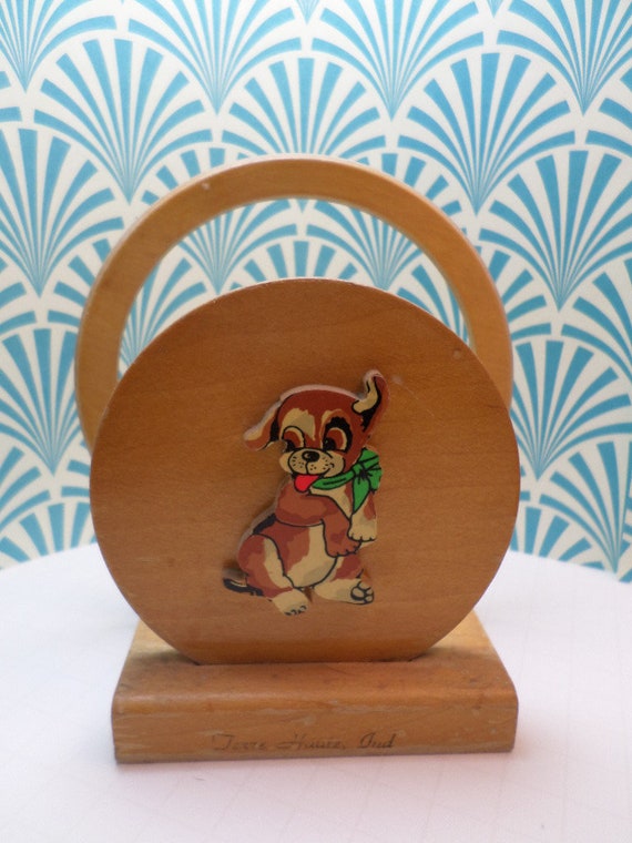 Vintage 1950's puppy wood cut out mail or napkin or book holder Terre Haute Indiana souvenir