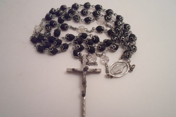 Vintage SF Chapel Immaculate Conception Rosary Black Matt Beads encased in Silver tone petals Crystal Our Father Beads