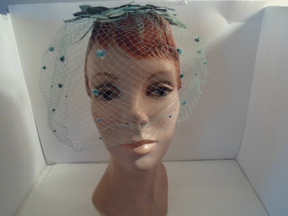 Mid Century Net Stunning Ice Blue Hat Sparkling Leaves and Branches Hat Replacement Head Covering Velvet Dotted Netting