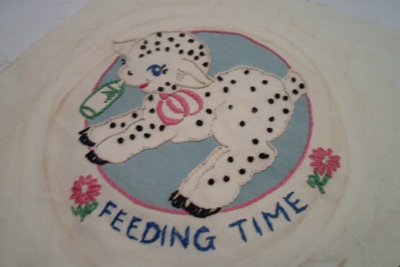 Antique Vintage Quilt Square 9" x 9"Square Embroidered Feeding Time Lamb Ready to quilt or Frame cottage or Farm chic
