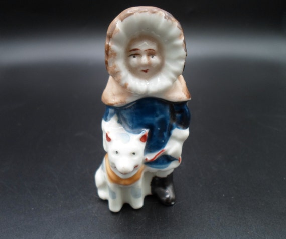 Vintage Eskimo Boy with Dog Ceramic Figure Hand Painted Japan