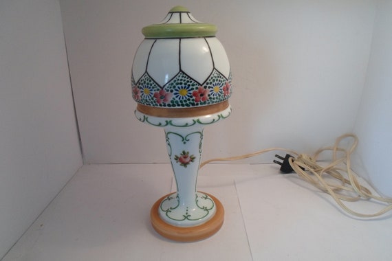 Antique Hand Painted Czech Lamp Art Deco Lines Beaded Floral Stunning Vanity Boudoir Chic Cottage Ready 10" All glass