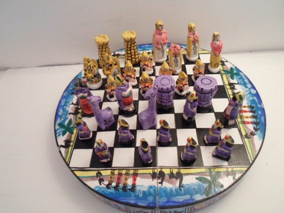 Vintage Whimsical Unusual All Wood Mini Chess Set Folk Art hand painted Figures in Box Chess Board Adorable