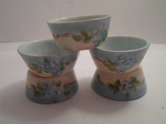 Antique Salt Dips or Cellars Hand Painted Austria Tiny Blue Floral Pattern Appears to Flow Into the Inside Farm Table Ready 5 total
