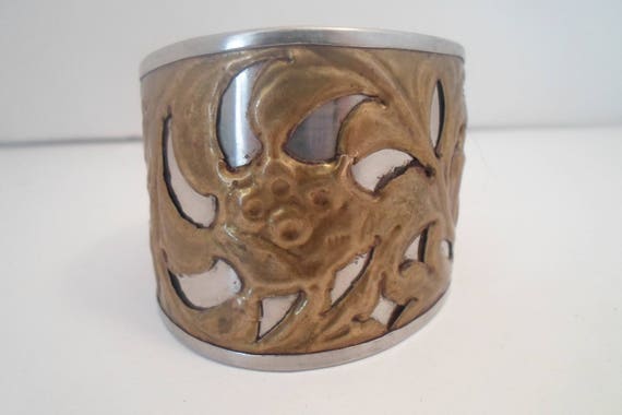 Vintage Cuff Bracelet Brass Foliage over Stainless Steel Interesting and Unusual 1980's