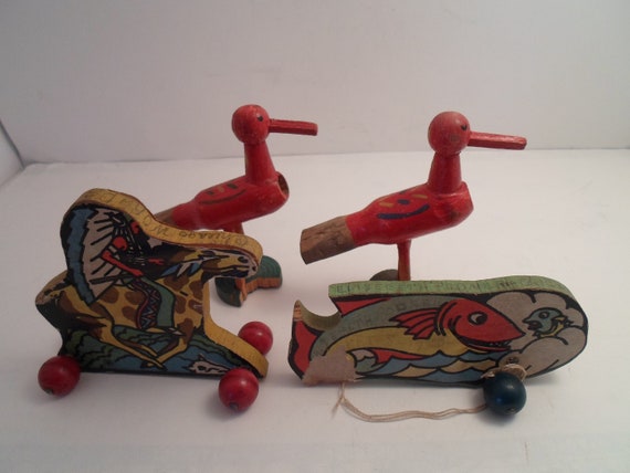 Antique 1930's Art Deco Wood Red Hand Painted Bird Call Horns 2 Pull Toys Indian on Horse and Fish As Found Adorable Use Re purpose