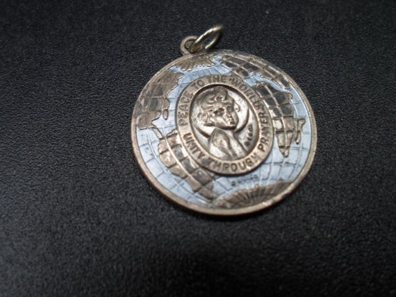 Vintage Child Jesus Medal Peace to the World Silver and Blue Tones Beautiful 1970s