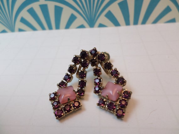 1950's vintage purple rhinestone with pink stone screwback earrings