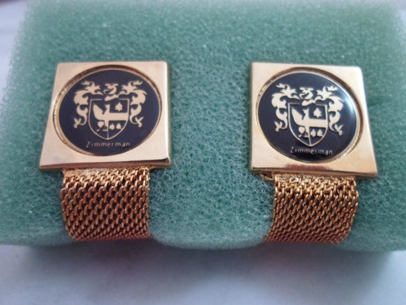 Vintage Cufflinks Black Enamel Gold Tone Mesh Zimmerman Crest Beautiful